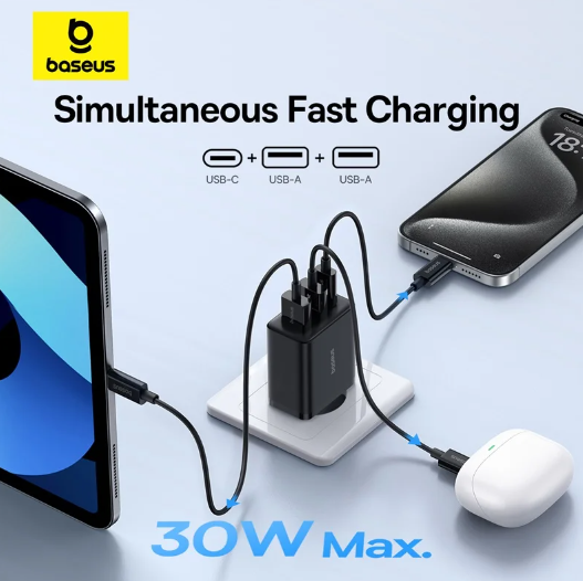 Сетевое зарядное устройство Baseus Compact 30w PD 2xUSB-A USB-C ports charger black - Фото 4 Сетевое зарядное устройство Baseus Compact 30w PD 2xUSB-A USB-C ports charger black - изображение 4