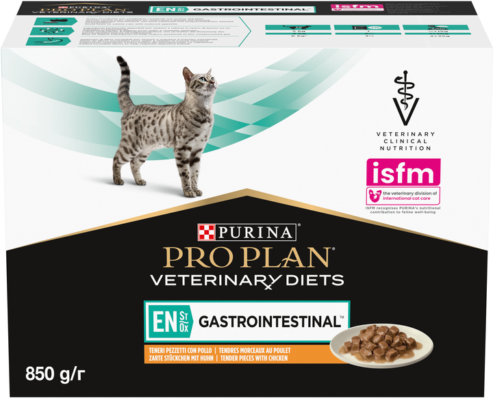 Opakowanie mokrej karmy dietetycznej dla kociąt i dorosłych kotów Purina Pro Plan Veterinary Diets EN Gastrointestinal na choroby przewodu pokarmowego z kurczakiem 10 x 85 g (8445290093561) - obraz 2