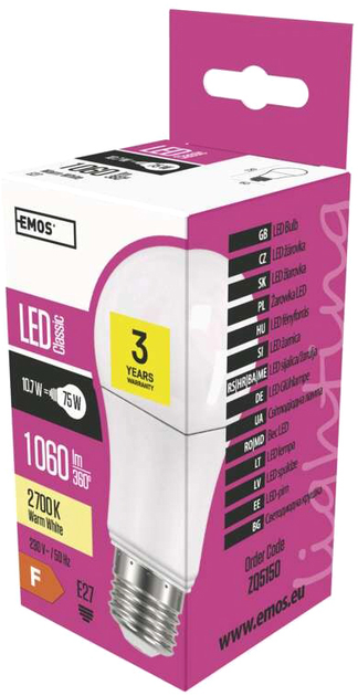 Лампа світлодіодна Emos Lighting 10.7W 2700K 220-240V E27 Теплий білий A60 (8592920044681) - зображення 1