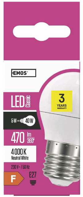 Лампа світлодіодна Emos Lighting 5W 4000K 220-240V E27 Нейтральний білий (8592920045558) - зображення 1