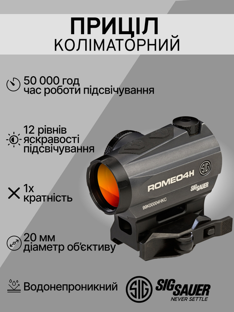 Приціл коліматорний Sig Sauer Optics Romeo4h 1x20mm green Horse Shoe Dot 0.5 Moa Adj SOR43013 - зображення 2