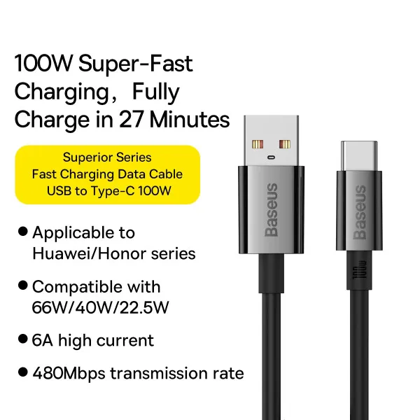 Кабель Baseus Superior Series USB Type-C Fast Charging 100W 2 метра черный (P10320102114-02) - изображение 5