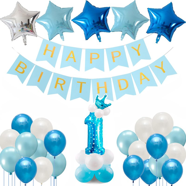 Фольгированный шар FA34 Первый день рождения, голубой цифра 1 с гелием