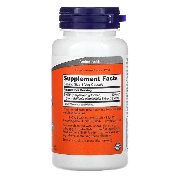 Амінокислоти Now Foods 5-HTP (Гідрокситриптофан) 100 мг 60 гелевих капсул - зображення 2