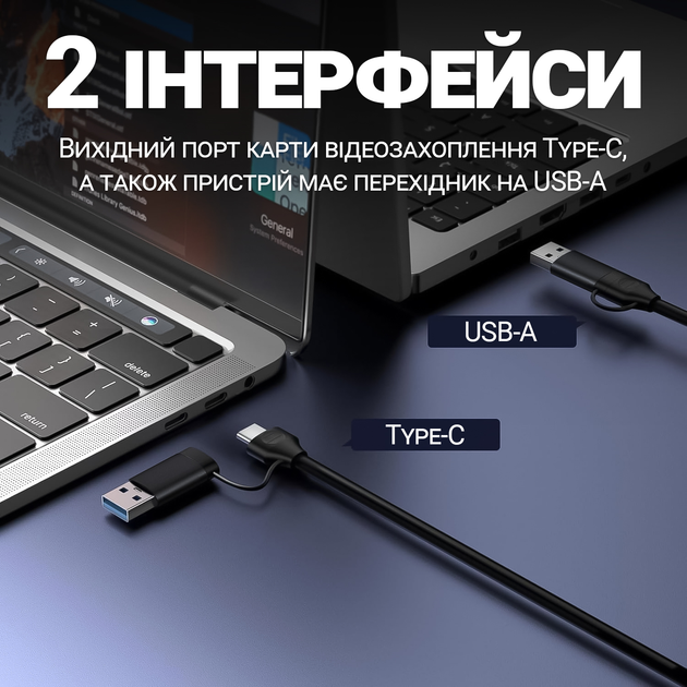 2в1 зовнішня карта відеозахоплення з HDMI на Type-C та USB-A інтерфейси Addap VCC-06, для запису, стримінгу та оцифрування відео, 4K - зображення 3