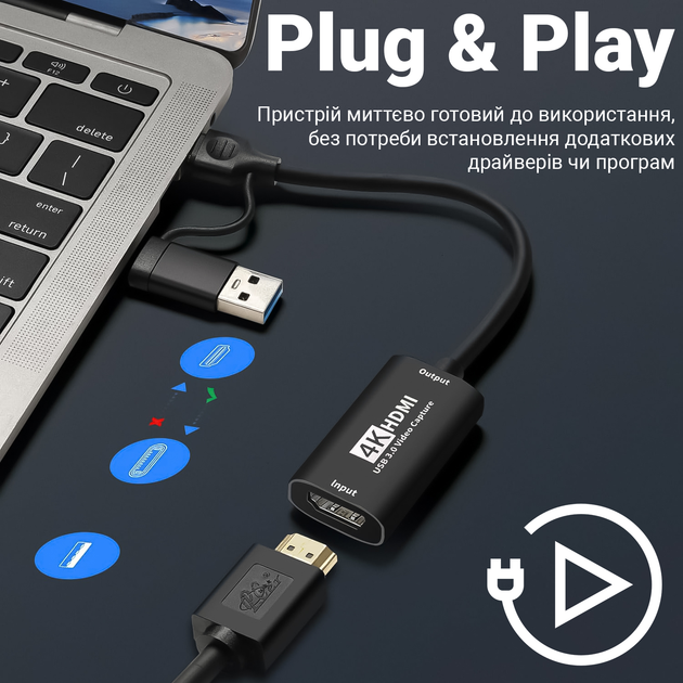 2в1 зовнішня карта відеозахоплення з HDMI на Type-C та USB-A інтерфейси Addap VCC-06, для запису, стримінгу та оцифрування відео, 4K - зображення 5