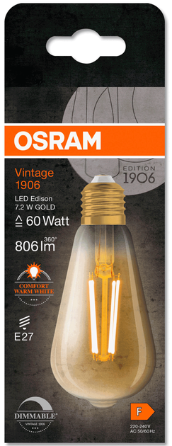 Лампа LED 7.2W 220V 806lm 2400K E27 DIM 64х143mm філаментна [4099854137822] OSRAM Vintage 1906 LED CLASSIC EDISON DIM - зображення 4