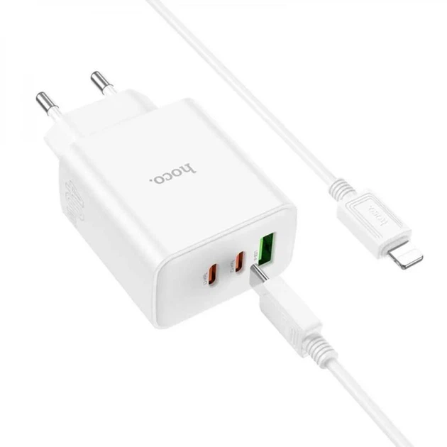 Зарядний пристрій Hoco C126A; PD 40W+QC3.0 2XType-C, USB-A + кабель TypeC-Lightning, white (58358) - Фото 3 Зарядний пристрій Hoco C126A; PD 40W+QC3.0 2XType-C, USB-A + кабель TypeC-Lightning, white (58358) - зображення 3