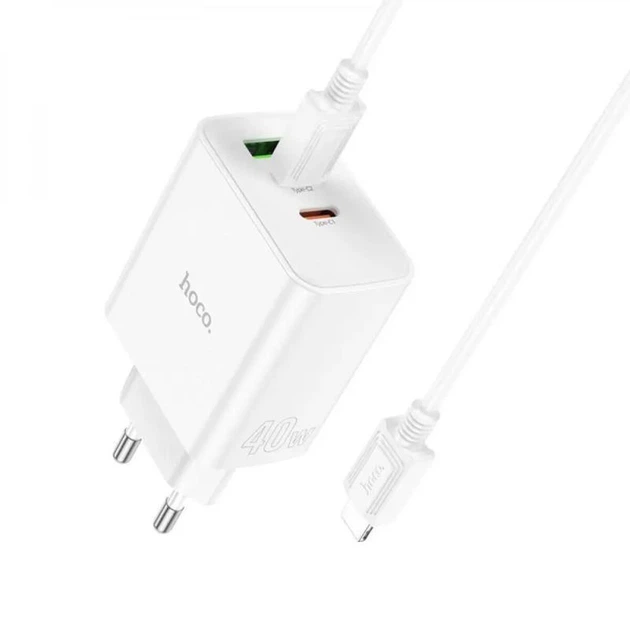Зарядний пристрій Hoco C126A; PD 40W+QC3.0 2XType-C, USB-A + кабель TypeC-Lightning, white (58358) - Фото 4 Зарядний пристрій Hoco C126A; PD 40W+QC3.0 2XType-C, USB-A + кабель TypeC-Lightning, white (58358) - зображення 4