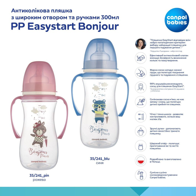 Cb Пляшка антиколікова з широким отвором та ручками 300мл PPEasystart BonjourParis рожева 35/241_pin 5901691887923 - изображение 3