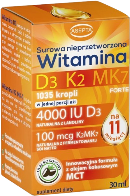 Suplement diety Asepta Witamina D3 + K2 Mk-7 z olejem kokosowym Mct 30 ml (5904734577515) - obraz 1