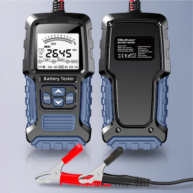 Цифровий тестер акумулятора Qoltec з LCD дисплеєм 12 V 24 V 3 Ah - 250 Ah (5901878524870) - зображення 4