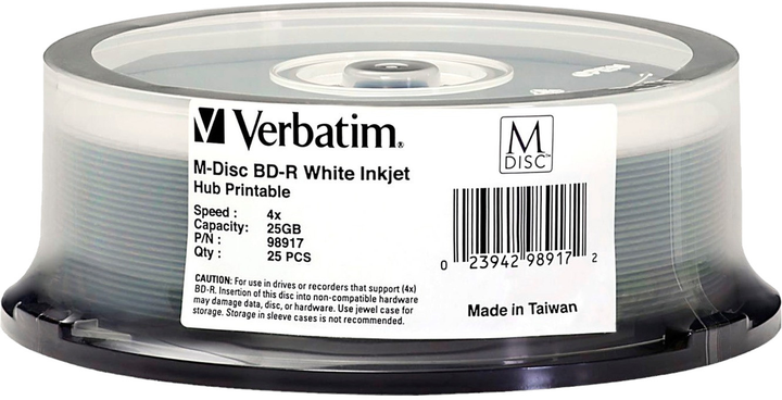 Диски Verbatim DataLife+ BD-R DL 50 ГБ 8x 25 шт Spindle White InkJet Hub Printable (0023942989172) - зображення 1