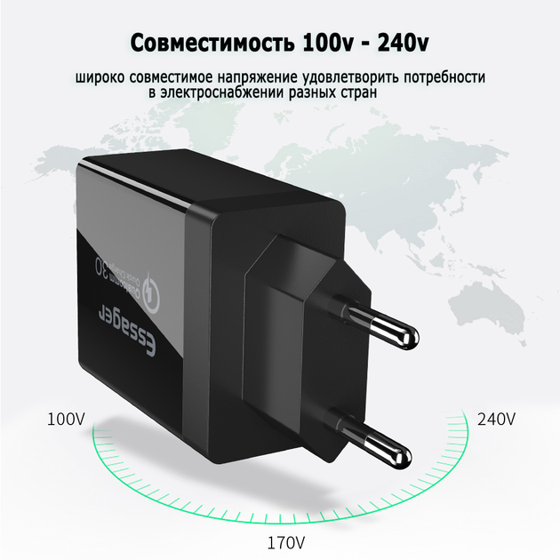 Зарядное устройство Quick Charge 3.0 ESSAGER USB 30Вт - изображение 3