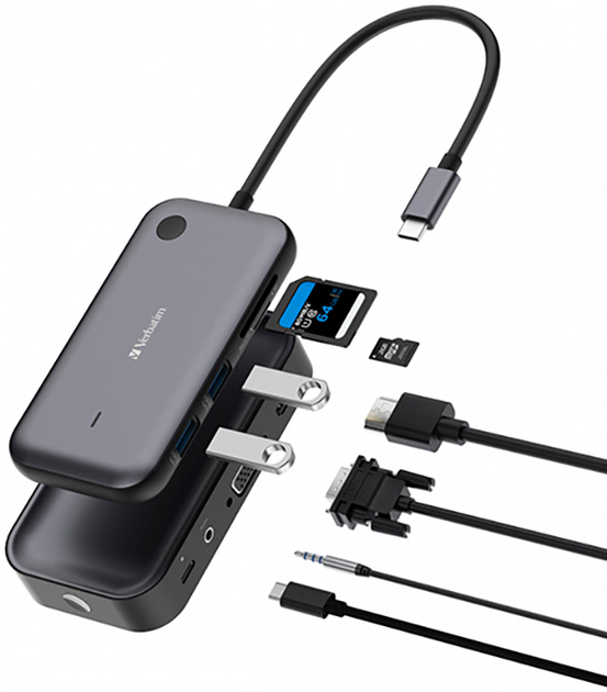 USB-hub Verbatim WDA-01 USB Type-C do 1 x USB Type-C/2 x USB Type-A/1 x HDMI/VGA/AUX/SD Grey (0023942321460) - obraz 4
