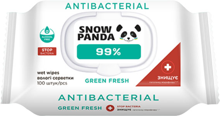 Вологі серветки для рук та тіла Сніжна панда Antibacterial 99.9% Green Fresh 100 шт (4820183972132) - зображення 1
