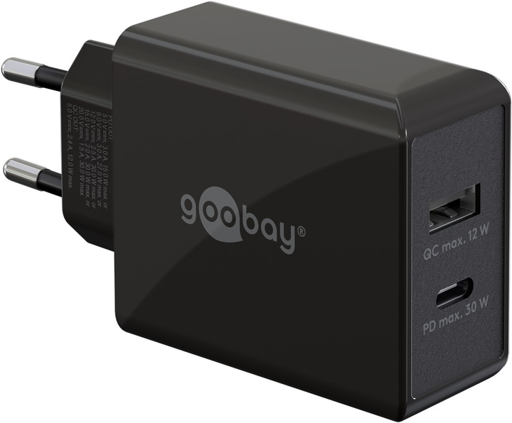 Зарядний пристрій Goobay USB-C PD Dual Fast Charger 30W Black (4040849616730) - зображення 1