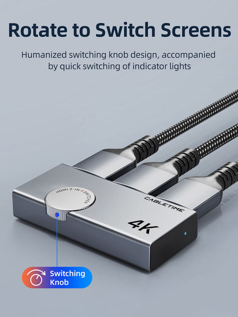 Свитч Сabletime HDMI Switcher 2.0, 4K 60Hz, двунаправленный свитч HDMI 2.0 (CP33G) - зображення 3