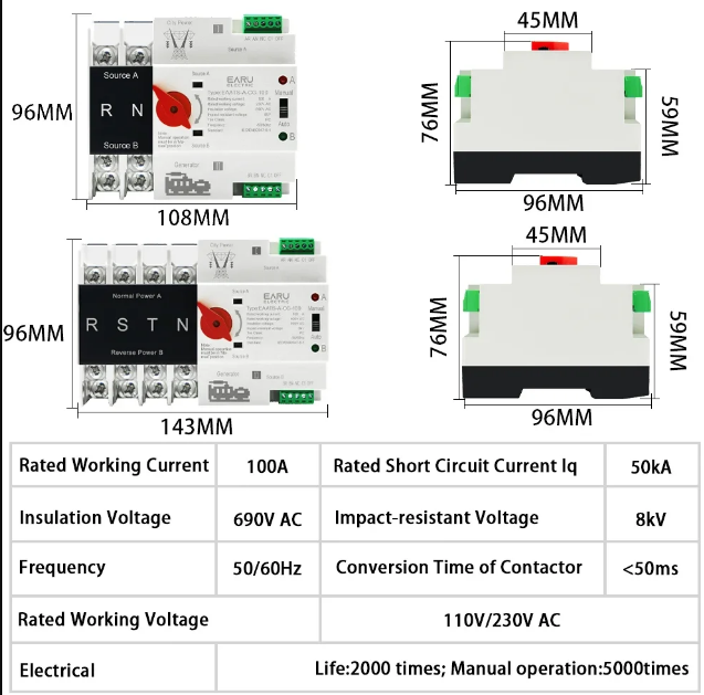 Автоматичний перемикач (АВР) EARU Din Rail 4P ATS Dual Power Automatic Transfer Switch - зображення 2