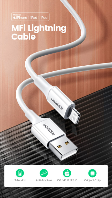 Кабель Ugreen US155 USB 2.0 Male to Lightning Male Cable Nickel Plating ABS Shell 2.4A 2 м White (6957303827305) - зображення 2