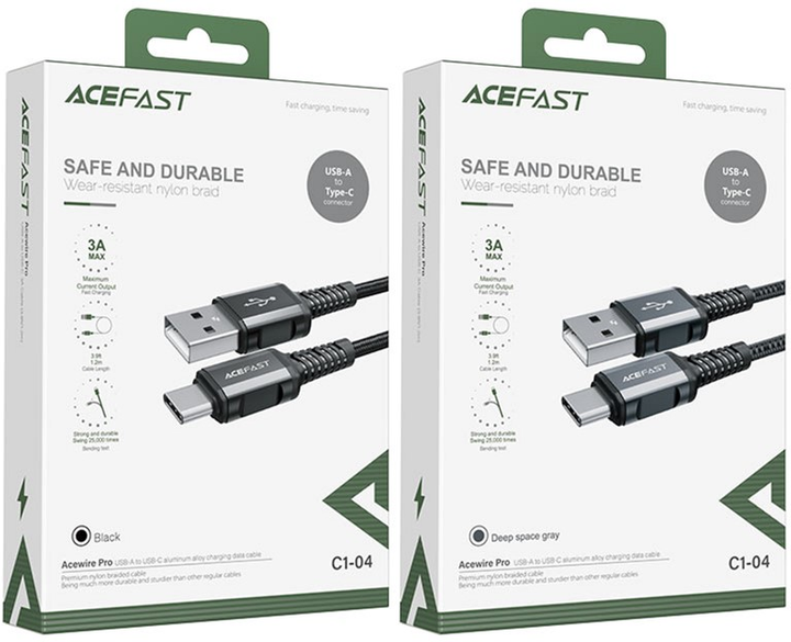 Кабель Acefast C1-04 USB to Type-C 3A 1.2 м nylon aluminum connectors Black (AFC1-04B) - зображення 2