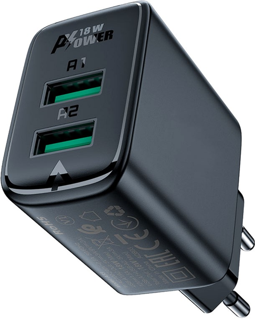 Мережевий зарядний пристрій Acefast A33 QC18W (USB-A+USB-A) Dual Port Charger Black - зображення 1