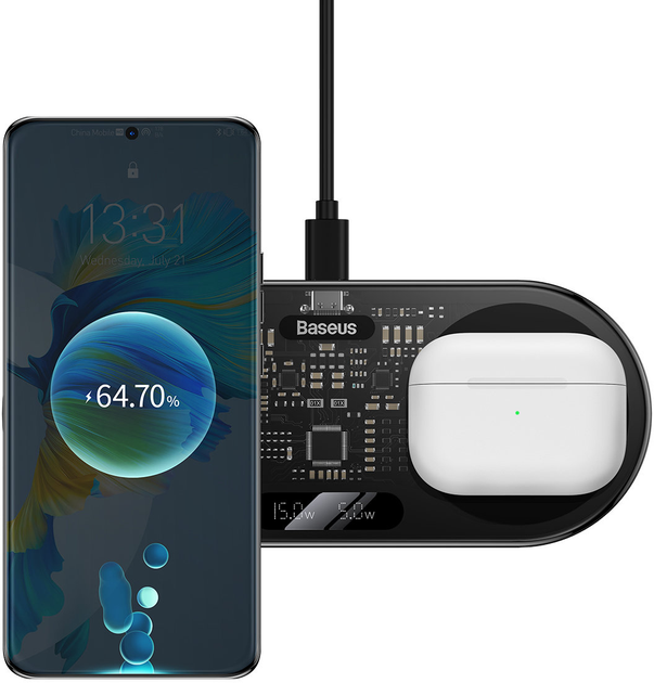 Бездротовий зарядний пристрій Baseus Digital LED Display 2in1 Wireless Charger 20W Universal version Black (WXSX010101) - зображення 6