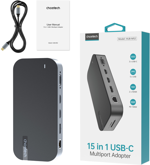 Stacja dokująca CHOETECH USB-C 15 w 1 HDMI/DP/VGA/LAN/PD/CR/USB-A/USB-C/AUX (HUB-M52-GY) - obraz 11