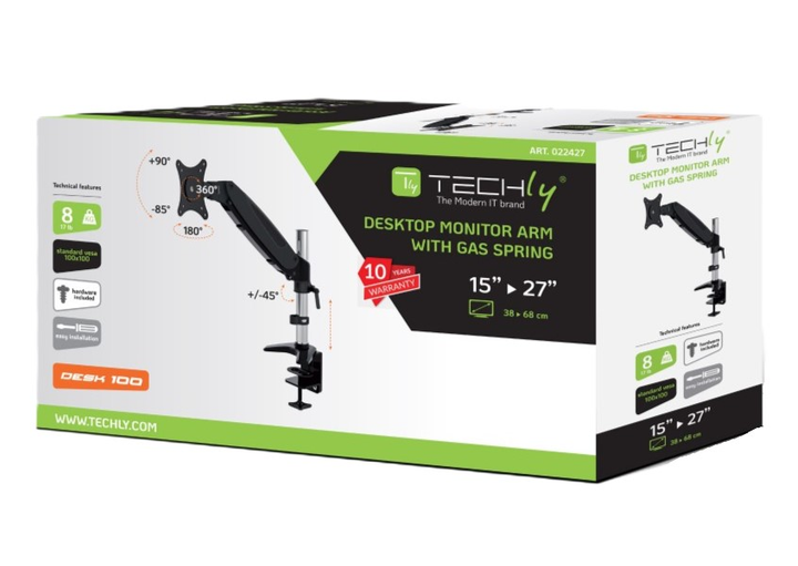 Uchwyt biurkowy Techly z amortyzatorem gazowym do monitorów 15-27 cali 8 kg Silver-Black (8054529022427) - obraz 5