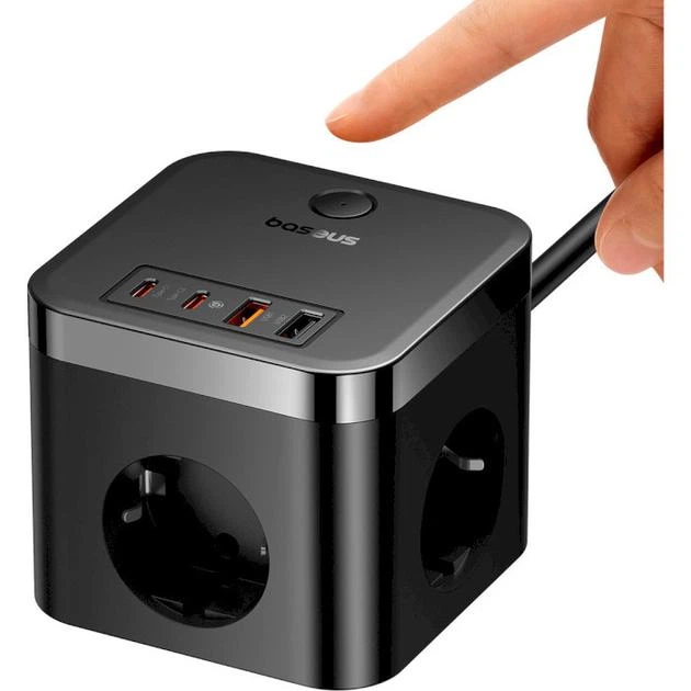 Зарядний пристрій Baseus PowerCombo Cube Power Strip 3AC +2Usb +2Type-C 30W Fast Charger EU Black - изображение 2