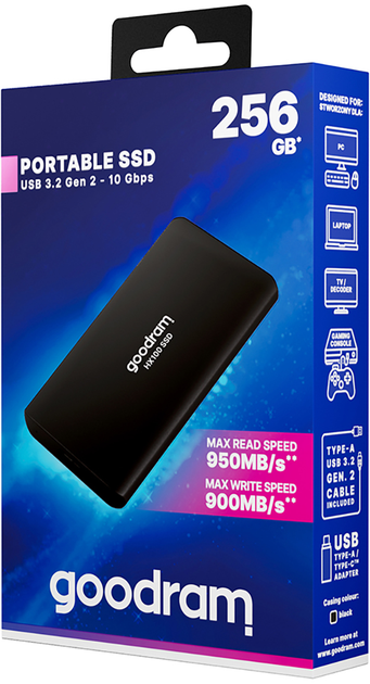 Dysk SSD Goodram HX100 512GB USB 3.2 Type-C TLC Black (SSDPR-HX100-512) Zewnętrzny - obraz 3