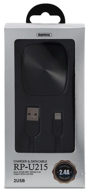 Мережевий зарядний пристрій Remax RP-U215i 2.4A 2 USB плюс кабель Lightning 220V EU чорний - изображение 4