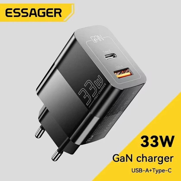 Зарядний пристрій Essager Pinchen 33W Travel Fast Charger USB-A + TYPE-C EU Black - Фото 1 Зарядний пристрій Essager Pinchen 33W Travel Fast Charger USB-A + TYPE-C EU Black - изображение 1