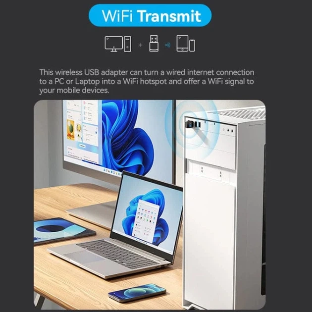 Двухдиапазонный WiFi адаптер USB 2.4ГГц 5ГГц, черный - Фото 6 Двухдиапазонный WiFi адаптер USB 2.4ГГц 5ГГц, черный - изображение 6