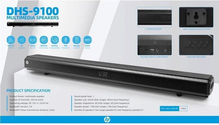 Саундбар HP DHS-9100 3.0 60 Вт Led-дисплей Bluetooth Black (2B284AA) - зображення 5