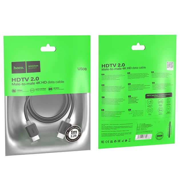 HDMI-кабель HOCO US08 2.0 male-to-male 1 м 18Gbps для передачи данных 4K HD (DFE1C48F5D05) - Фото 8 HDMI-кабель HOCO US08 2.0 male-to-male 1 м 18Gbps для передачи данных 4K HD (DFE1C48F5D05) - изображение 8