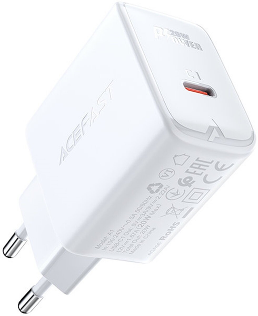 Мережевий зарядний пристрій Acefast A1 USB-C PD 20W (6974316280040) White  - зображення 2