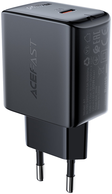 Мережевий зарядний пристрій Acefast A1 USB-C PD 20W (6974316280033) Black - зображення 1