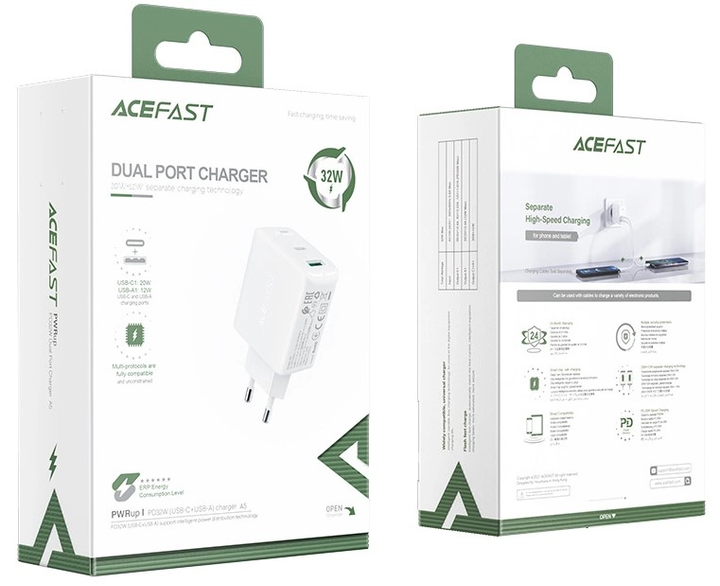 Мережевий зарядний пристрій Acefast A5 32W USB-C+USB-A White (6974316280125) - зображення 2