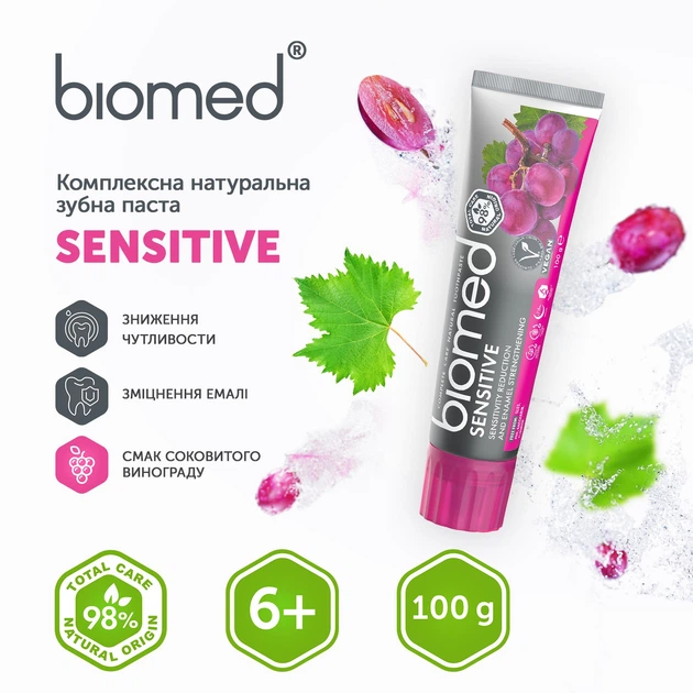 Зубная паста BioMed Sensitive Антибактериальная для укрепления эмали и снижения чувствительности Виноград 100 г (3800023406851) - Фото 7 Зубная паста BioMed Sensitive Антибактериальная для укрепления эмали и снижения чувствительности Виноград 100 г (3800023406851) - изображение 7