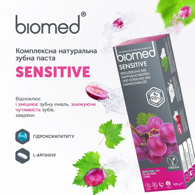 Зубная паста BioMed Sensitive Антибактериальная для укрепления эмали и снижения чувствительности Виноград 100 г (3800023406851) - Фото 8 Зубная паста BioMed Sensitive Антибактериальная для укрепления эмали и снижения чувствительности Виноград 100 г (3800023406851) - изображение 8