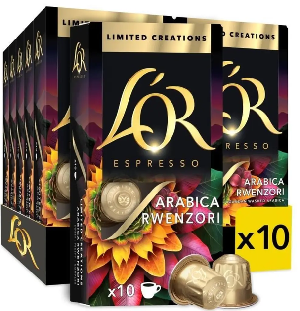 Набір кавових капсул Nespresso L'OR Arabica Rwenzori Uganda 10 пачок по 10 капсул - Фото 1 Набір кавових капсул Nespresso L'OR Arabica Rwenzori Uganda 10 пачок по 10 капсул - зображення 1