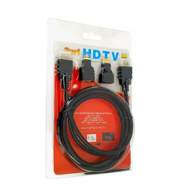 Кабель HDMI-HDMI 1,5 метра с переходниками miniHDMI и microHDMI на блистере Черный (064h) - изображение 2