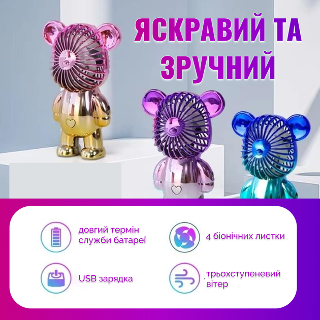 Детский usb мини вентилятор в форме медведя на аккумуляторе безшумный милый мультяшный ручной портативный вентилятор игрушка 2в1 удобный домашний офис маленький вентилятор (Розовый) - изображение 2