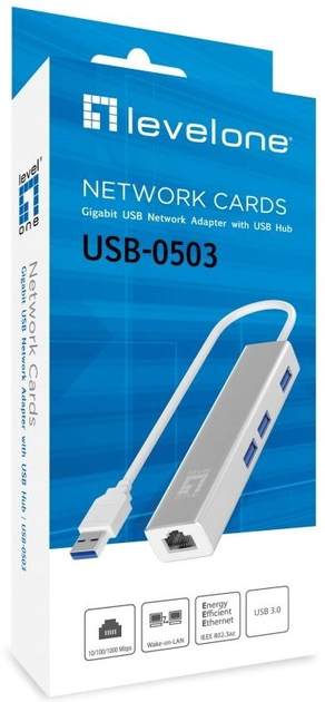 Hub USB LevelOne Gigabit USB Network Adapter with USB Hub (USB-0503) - obraz 3