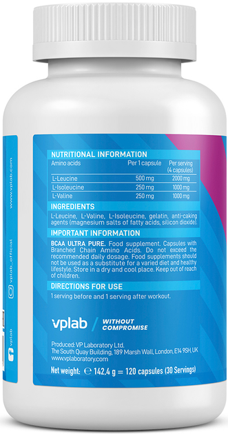 Амінокислоти VPLab Ultra Pure BCAA 120 капсул (5060255351390) - зображення 2