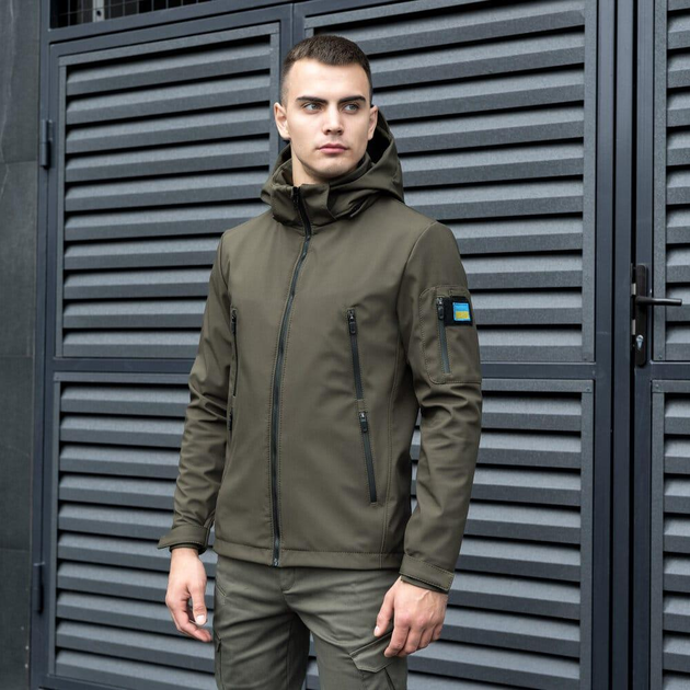 Чоловіча щільна Куртка з капюшоном Pobedov Motive SoftShell + шеврон "Прапор України" у комплекті хакі розмір S - зображення 7