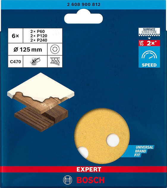 Набір шліфлистів Bosch Expert C470 125 мм G60, G120, G240, 8 отворів, 6 шт (2608900812) - зображення 2