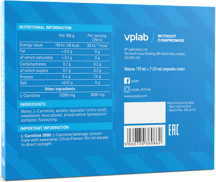 L-карнитин VPLab L-Carnitine 3000 7 x 25 мл Цитрус (5060730360862) - изображение 4