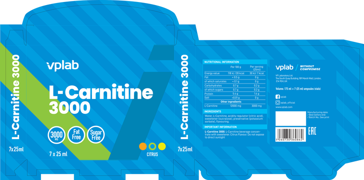 L-карнитин VPLab L-Carnitine 3000 7 x 25 мл Цитрус (5060730360862) - изображение 5